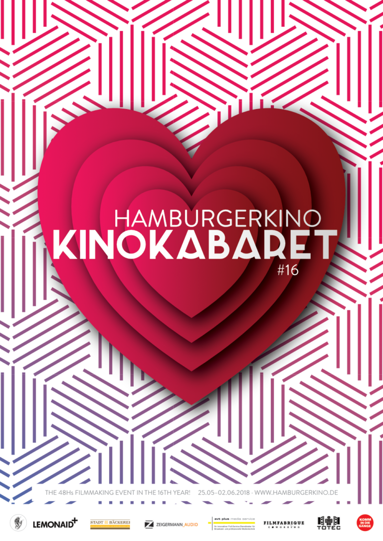 Text: HamburgerKinos KinoKabaret on several stacked read hearts on a japanese pattern.