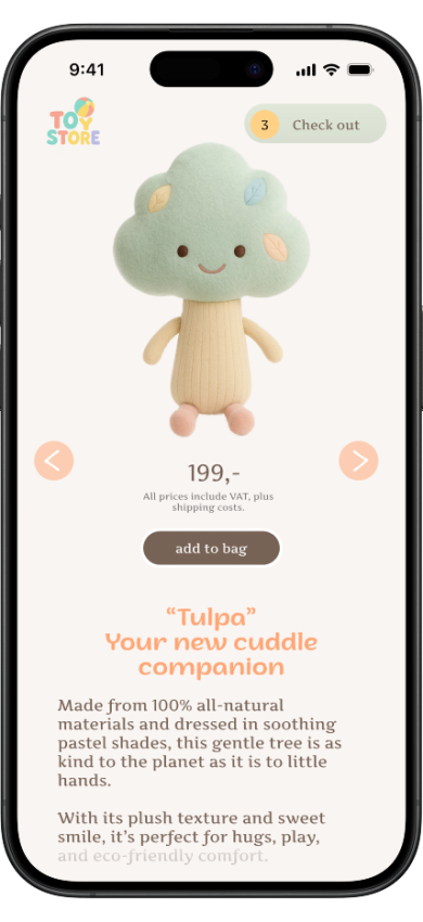 Plush tree doll ‘Tulpa’ displayed on a toy store app product page on an iPhone.