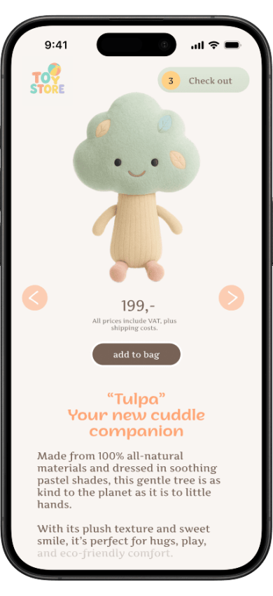 Plush tree doll ‘Tulpa’ displayed on a toy store app product page on an iPhone.